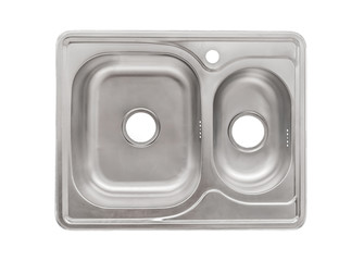 New modern double metal sink made of silver isolated on a white background, top view