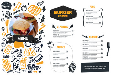 Burger menu with doodle icons and sketch burger, food background, cafe design, grill brochure, cooking flyer - obrazy, fototapety, plakaty