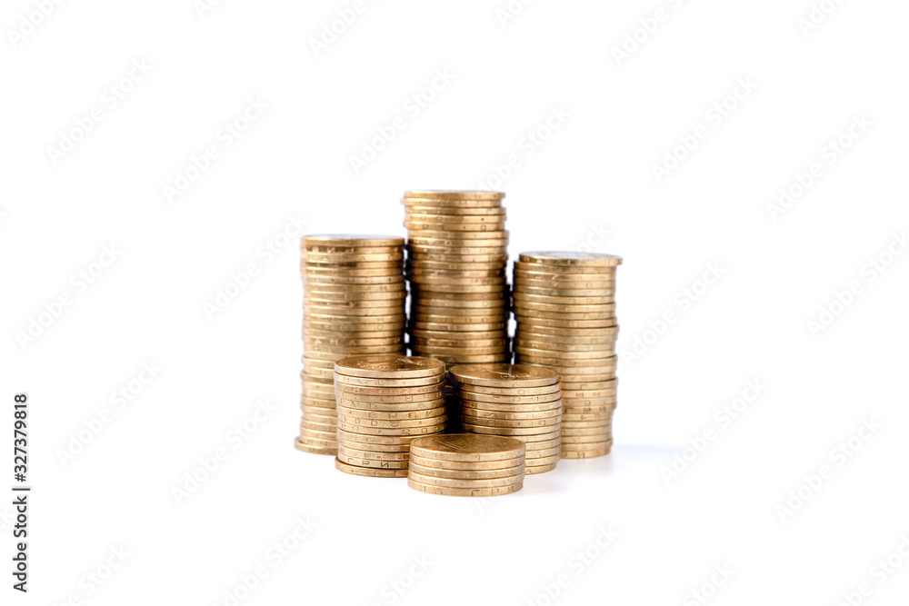 Wall mural stack of golden coins isolated on white background