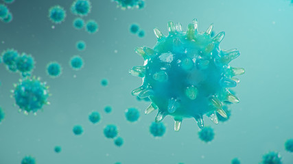 3D illustration Coronavirus concept under the microscope. Spread of the virus within the human. Epidemic, pandemic affecting the respiratory tract. Fatal viral infection
