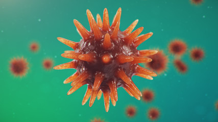 Fototapeta na wymiar 3D illustration Coronavirus concept under the microscope. Spread of the virus within the human. Epidemic, pandemic affecting the respiratory tract. Fatal viral infection