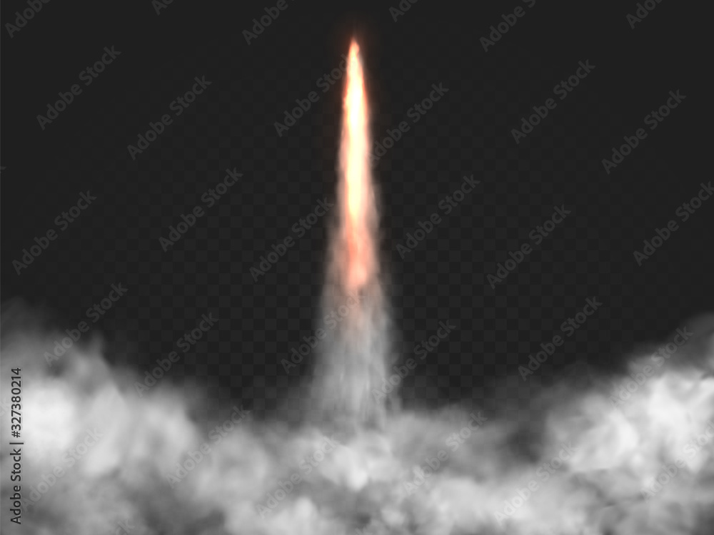 Poster Realistic rocket launch trail with vector smoke. Shuttle fire and cloud of dust. Spaceship take off effect on transparent background. Missile, air weapon launch with explosion cloud.Space machine fume