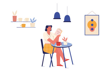 Young Girl Relaxing Sitting at Table with Coffee Cup and Reading Interesting Book. Woman Visiting Cafe, Female Customer Character Read in Recreational Public Place Cartoon Flat Vector Illustration