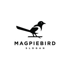 Beautiful black and white bird, male Oriental Magpie Robin logo on a branch icon design vector illustration in simple minimalist style