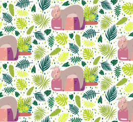 Cute sloth sleeping on the ice cream surrounded by green tropical leaves. Seamless pattern vector illustration. © Alexandra