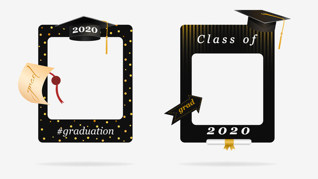 Two black graduation frame for party photo booth props vector graphic illustration. Congratulation grad quote with cap for grads with empty place for photo isolated on white background