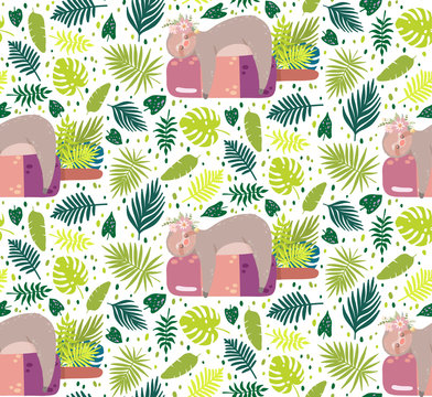 Cute sloth sleeping on the ice cream surrounded by green tropical leaves. Seamless pattern vector illustration.