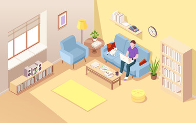 Isometric living room with man freelancer and notebook. Boy doing freelance job at sofa. Remote worker on couch with cat and cup of coffee. Home office for lad. Interior with worker.