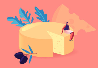 Tiny Gourmet Female Character Sitting on Huge Round Block of Fresh Yellow Cheese with Olives. Dairy Culinary Production, Farm Organic Nutrition, Breakfast Appetizer Cartoon Flat Vector Illustration