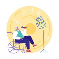 Handicapped Senior Man Sitting in Wheelchair Singing at Karaoke Bar. Disabled Male Character Enjoying Life Spend Time in Recreational Place Weekend Leisure Cartoon Flat Vector Illustration, Round Icon