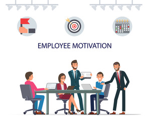 Employee Motivation. Smiling Workers in Office Teamwork. Businessman in Business Suit. Vector Illustration. Explore Workflow. Competitive Workplace. Recruitment Agency. Management and Organization.
