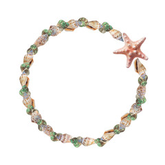 Obraz premium Bright seashells and sea star round frame on white background