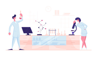 Fototapeta premium Scientists Conducting Chemical Experiment and Scientific Research in Science Laboratory, Man Hold Flask, Woman Look in Microscope. Chemistry Scientific Staff at Work, Cartoon Flat Vector Illustration