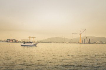 Fishing boat navigating the Santos estuary in São Paulo, Brazil, surrounded by calm waters and a cloudy sky, highlighting the region's maritime charm and traditional fishing activities.