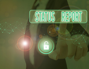 Writing note showing Status Report. Business concept for document relating a situation of something such as a project
