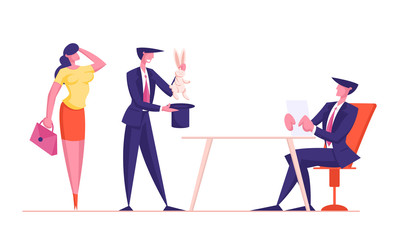 Couple of Businessman and Businesswoman Using Top Cylinder and Rabbit to Demonstrate Business Skills to Investor or Bank Employee to Get Investment. Stunt with Bunny Cartoon Flat Vector Illustration