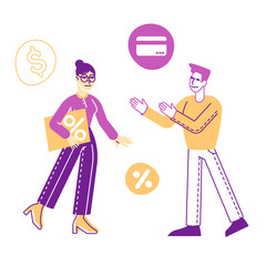 Male Character Speak with Bank Employee for Taking Debt or Loan. Financial Problems, Budget Crisis, Man Take Money Credit at Micro Finance Organization Cartoon Flat Vector Illustration, Line Art