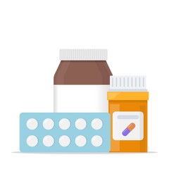 Medicine, pharmacy concept. Vials of medicines, tablets, capsules. Drug, medication, plastic bottle with pills, set of icons. Vector illustration.