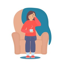Sick woman sitting in a chair with cup of hot drink. Female character sick of seasonal flu. Epidemic, illness, disease, sickness, vector concept illustration.