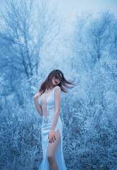  Model posing in fantasy winter forest white sexy dress hands on shoulder and bare leg. Long hair...