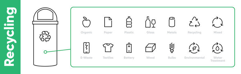 Pack of Waste and Garbage Related line editable stroke icons with Abstract Bin vector illustration.