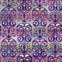 Seamless purple and peach ombre fade painterly watercolor wash vintage damask pattern graphic design. Seamless repeat raster jpg pattern swatch.