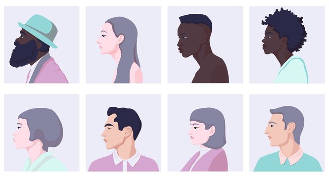 Set of different cartoon woman and man face side view vector flat illustration. Collection of colored profile character avatars with various human heads isolated on white background