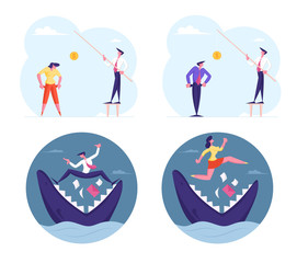 Set Scared Businesspeople Stand on Jaws of Huge Shark with Briefcase and Documents Falling in Chops. Depressed Man and Woman in Need Show Empty Pockets. Money Problem Cartoon Flat Vector Illustration