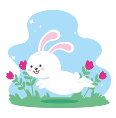 cute rabbit jumping in landscape vector illustration design