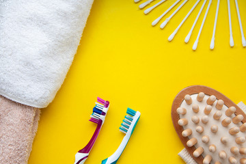 Hygiene products, toothbrush, towel and massage brush