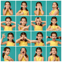 collage of portraits of little girl with different emotions on blue background. Human emotions and facial expression