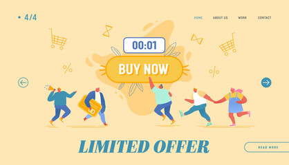Fototapeta premium Black Friday Shopping, Total Sale Website Landing Page. Happy People Purchasing around of Huge Button with Buy Now Inscription. Promoter with Megaphone Web Page Banner Cartoon Flat Vector Illustration