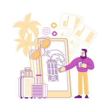 Traveler Use Mobile Phone App to Search Route, Location of Place with Gps, Book Accommodation and Airplane Tickets. Travel Application Technology in Lifestyle Cartoon Flat Vector Illustration Line Art