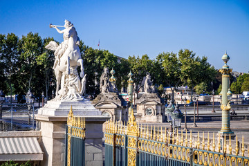 Fototapeta na wymiar Marble statue and the Tuileries Garden entrance gate, Paris