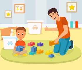 Cartoon Little Boy Playing Toy Building Blocks with Father in Living Room Vector. Early Development Lessons in Kindergarten or Education Club. Flat Tutor Man Entertaining Child Illustration