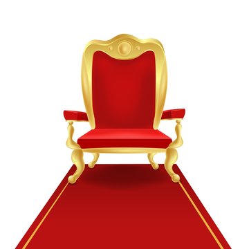 Luxury golden king throne chair with red royal carpet vector graphic illustration. Vintage cartoon vip seat place comfortable antique armchair isolated on white background
