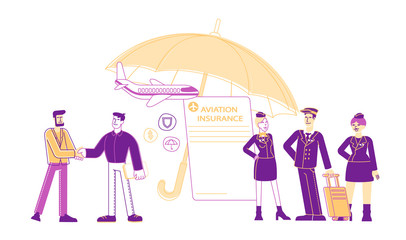 Aviation Insurance, Aircraft Industry, Airline Safety, Security and Money Compensation. Agent Shaking Hand to Client, Pilot and Air Hostess near Huge Umbrella Cartoon Flat Vector Illustration Line Art