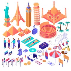 Collection of adventure touristic decorative design elements isometry vector graphic illustration. Set of different colorful travel people, flag, attraction, fruit and suitcase isolated on white © Богдан Скрипник