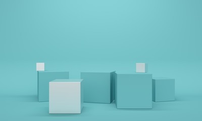 Silver cube platform on a blue background. 3d rendering