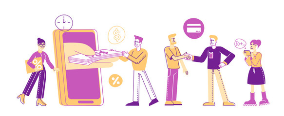 Micro Credit Finance Organization Service Concept. People Characters Using Wireless Mobile Technologies for Taking Cash Money Loan in Bank with Huge Percent. Cartoon Flat Vector Illustration, Line Art