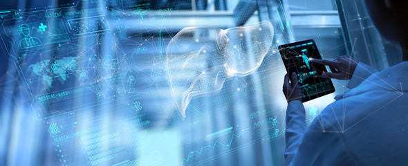 Medicine woman doctor touching digital medical record tablet with Liver. AR of healthcare and...