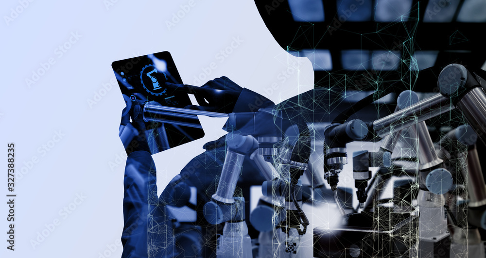 Poster Double explosure of Factory Female Industrial manager Engineer looking at automation robot arms machine in factory industrial on real time monitoring system software.