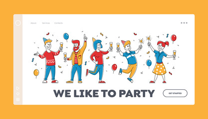 Birthday Party Website Landing Page. Happy People in Festive Hats with Wineglasses in Hands Celebrating Holiday with Balloons and Confetti Web Page Banner. Cartoon Flat Vector Illustration, Line Art