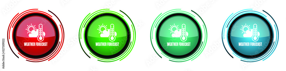 Aufkleber Weather forecast round glossy vector icons, set of buttons for webdesign, internet and mobile phone applications in four colors options isolated on white background