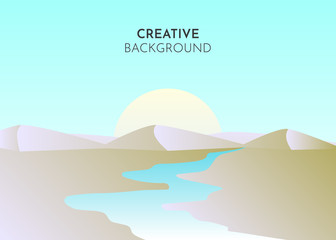 Fototapeta na wymiar Abstract landscape. Vector banner with polygonal landscape illustration, Minimalist style. River flows from mountains on sunset background