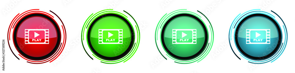 Aufkleber Video round glossy vector icons, set of buttons for webdesign, internet and mobile phone applications in four colors options isolated on white background
