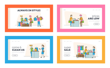 Shopping Sale and Discount Website Landing Page Set. Happy Characters Buying Things in Store. Consumerism and Price Off Promo in Shop Web Page Banner. Cartoon Flat Vector Illustration, Line Art