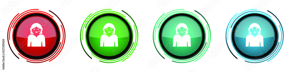 Poster Call center round glossy vector icons, set of buttons for webdesign, internet and mobile phone applications in four colors options isolated on white background