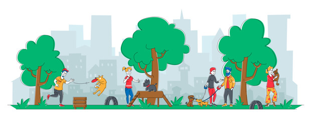 People Spend Time with Pets Outdoors. Male Female Characters Walking and Training Dogs in Summer Park. Relaxing Leisure, Communication Love, Care of Animals Cartoon Flat Vector Illustration, Line Art