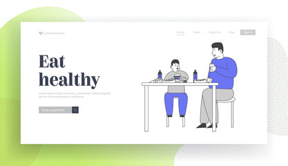 Family Unhealthy Eating Website Landing Page. Fatty Father and Fat Child Sitting at Table with Plenty of Fast Food, Drinking Soda Beverages Web Page Banner. Cartoon Flat Vector Illustration, Line Art